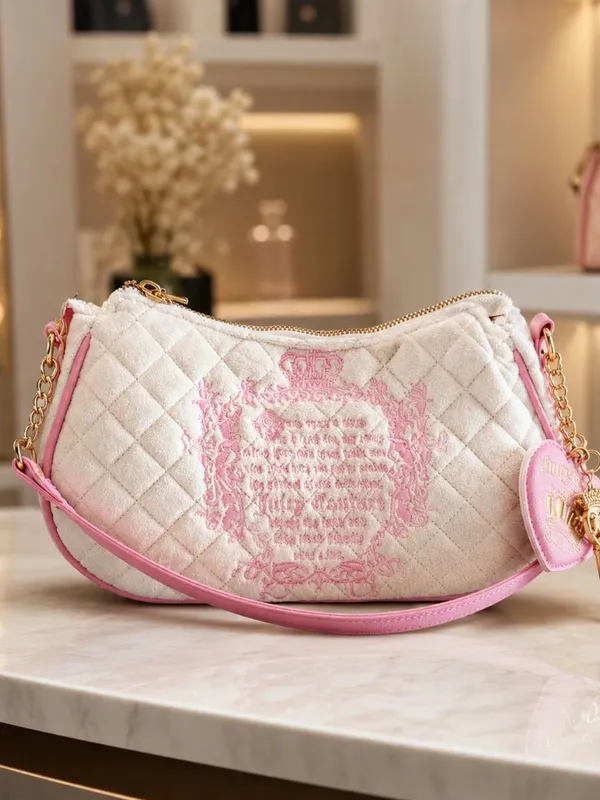 Juicy Couture Tale Quilted Velour Shoulder Bag Cream Pink NWT - Image 2