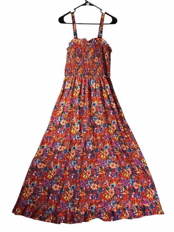 Band of Gypsies Collective XL Floral Smocked Maxi Dress Red Orange Ruffle Boho Sundress - Image 5