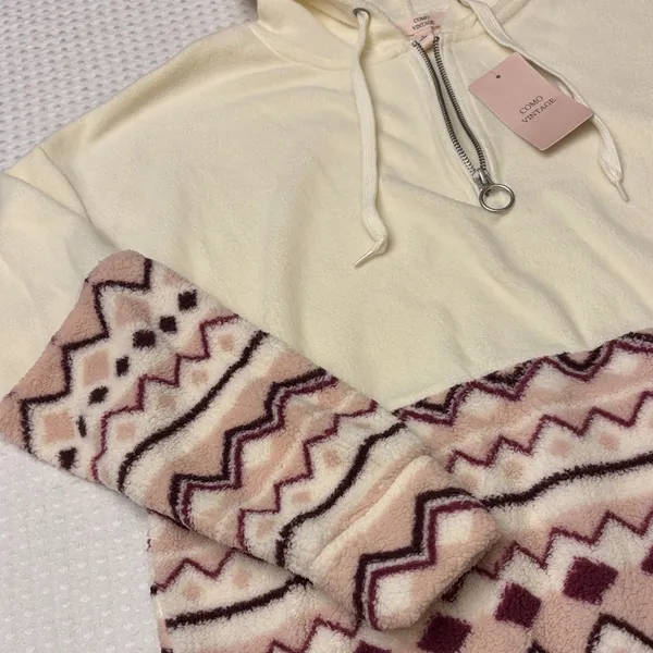 NEW! COMO VINTAGE Fleece Hoodie Sweatshirt Size L Ivory Pink Purple Geometric - Image 5