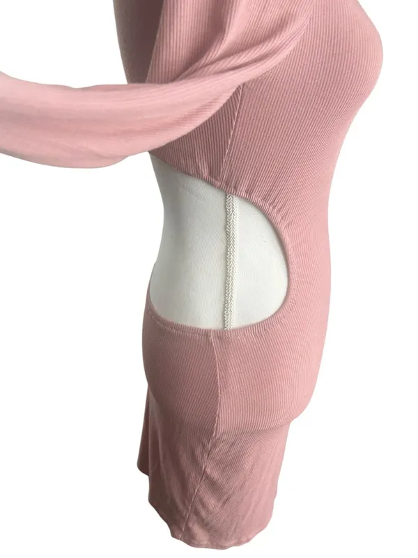 Long Sleeve Ribbed Pink Bodycon Dress - Image 3