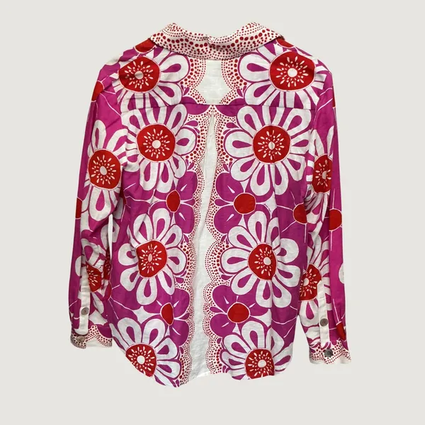 Farm Rio Pink Red Giant Daisy Floral Linen Blend Button Down Shirt Small - Image 10