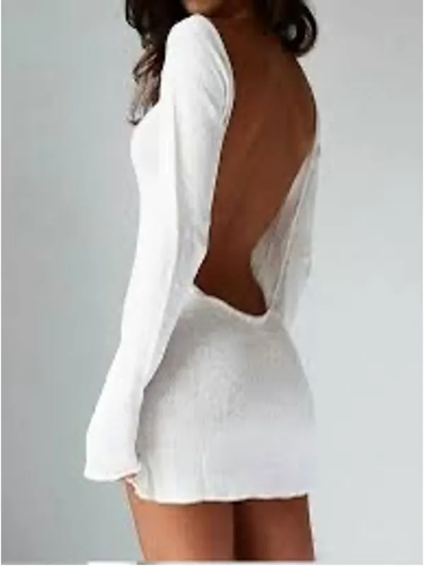 Long Sleeve Ribbed See Through Dress Cover-up Women's Size L White - Image 2