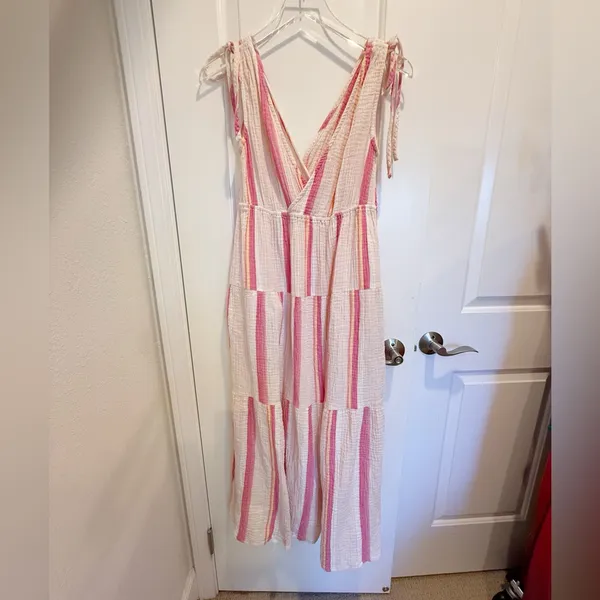 MARINE LAYER Tiered V-neck‎ Stripe Maxi Dress Gauzy Airy size Small Pink - Image 4