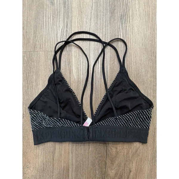 Victoria's Secret‎ Bra Medium Black Unlined Wirefree Silver Stripe Logo - Image 4