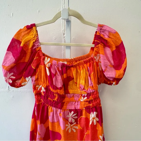 SABO Australia Floral Puff‎ Sleeve Summer Mini Dress Sz 4 Pink Orange - Image 4