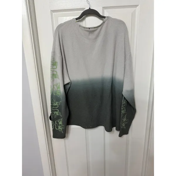 Boys Lie‎ Ombre Waffle Knit Thermal Top Grey Green Rhinestone Oversized OSO - Image 7