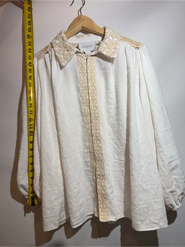 Mare Mare Ivory Embroidered Puff Sleeve Rouleau Cotton Buttondown Blouse Size S - Image 5