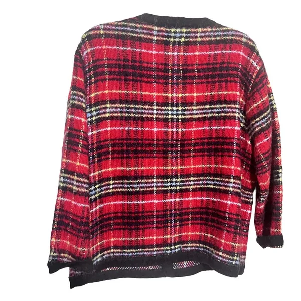 VTG Appleseeds Red Plaid Mohair Blend Cardigan Sweater Gold Button Jacket Large - Image 5