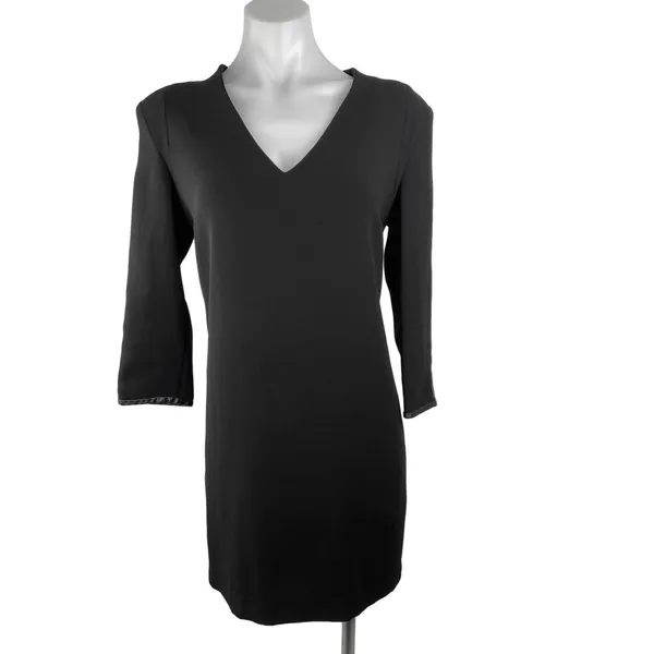 Mango Black V-neck Leather Trim Half Sleeve Career Business Mini Sheath Dress 6 - Image 2