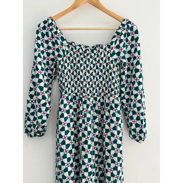 Hanna Andersson Geometric Floral Smocked Midi Dress Size XS Square Neck Casual - Image 2