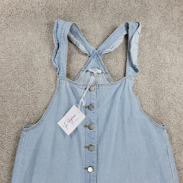 Polagram Overall Button Up Denim Jumpsuit Womens L Blue Light Wash Ruffle Straps - Image 5