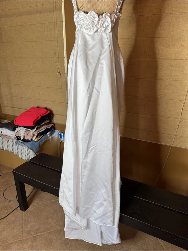 Vintage Jessica McClintock Bridal Gown White Satin Lace Neckline Train Size 6 - Image 10