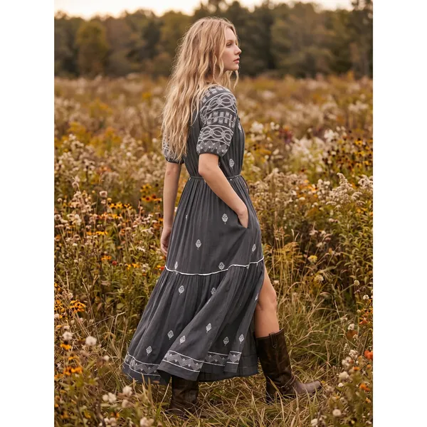 Free People Bohemian Witchy Riley Embroidered Midi Maxi Dress Duster Grey Medium - Image 4