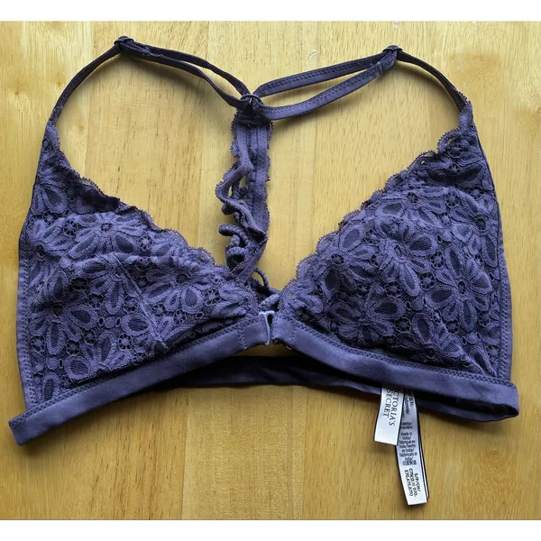 Victoria's Secret Triangle Bralette Purple Lace Floral Lined Front Closure Small - Image 4