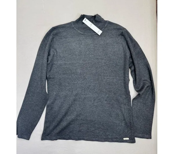 T Tahari Womens Mock Neck Sweater Top Size S Dark Grey Soft Knit Metallic Logo - Image 2