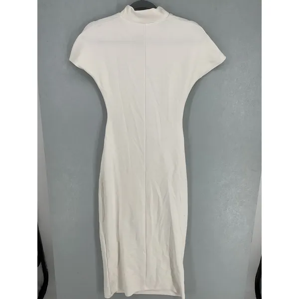 Zara Women Midi Dress White Ruched Mock Neck Cap Sleeve Medium - Image 3