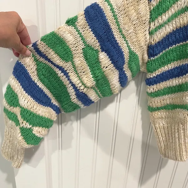 Aerie Wavy Stripe Sweater Womens S Green Blue Cream Chunky Knit Wool Blend Boho - Image 6