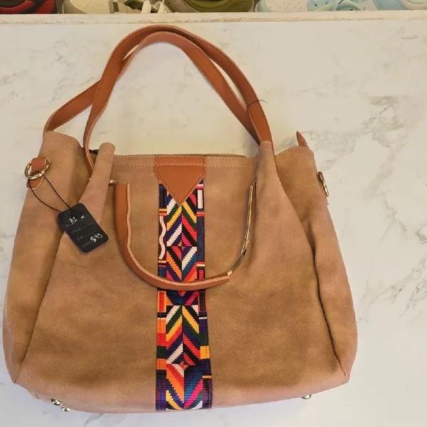 Elegant Tan Tote with Colorful Pattern Brown - Image 2