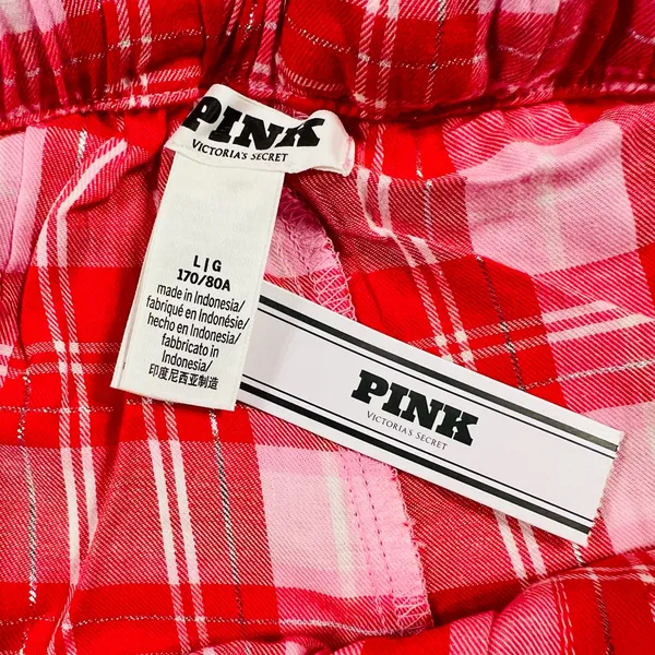 PINK VICTORIA’S SECRET Flannel Pajama Shorts Red Pink Silver Plaid Ruffle L - Image 11