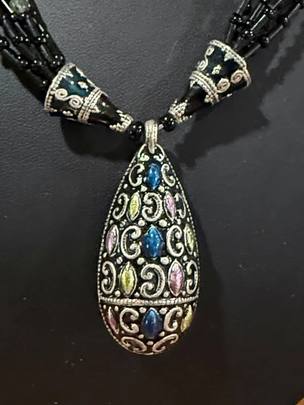 Chico’s Vintage Necklace Enamel Black Glass Beads Tier drop Pendant - Image 2