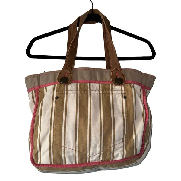 Gap Y2K Reversible Canvas Tote Bag Leather Handles‎ Pink Trim Striped - Image 3