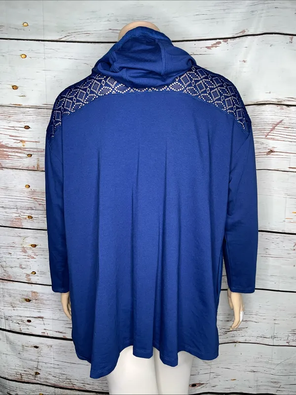 LOGO Lounge Lori Goldstein 2X Blue - Eyelet Lace Zip Front Knit Jacket w/ Hood - Image 8