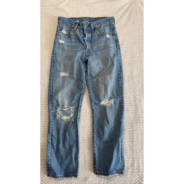 Levis 501 Original Fit Distressed Light Wash Jeans W25 L26 Button Fly 36200-0187 - Image 2