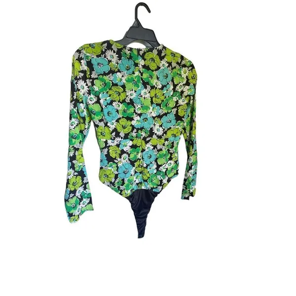 NWOT. Zara Draped Floral Blue Green Long Sleeve Cut Out Bodysuit M - Image 4