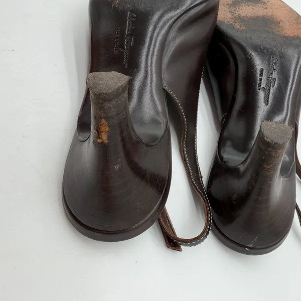 Salvatore Ferragamo Acribia Slingback Kitten Heels Chocolate Brown Gold 7.5 - Image 3