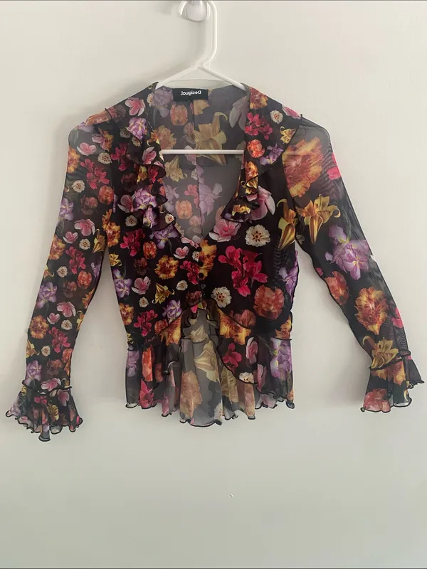 Desigual Mesh Sheer Dark Floral Garden Top Size SMALL - Image 2