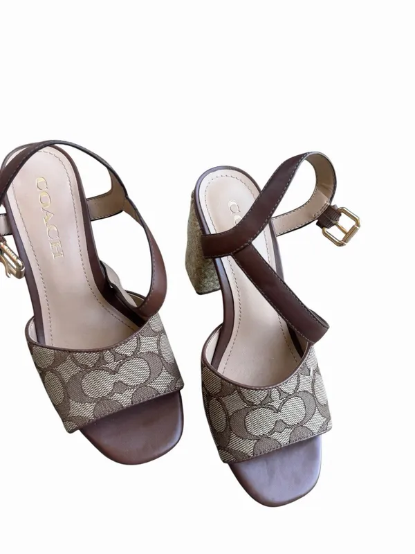 NEW Coach Logo Maddy Sandal Khaki Saddle Summer Woven Block Heel $198.00 Tan - Image 10
