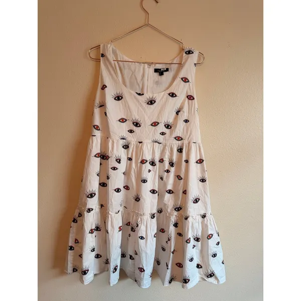 Nicole Miller Dress‎ Women Large White Evil Eye Embroidered Tiered Babydoll Mini - Image 2