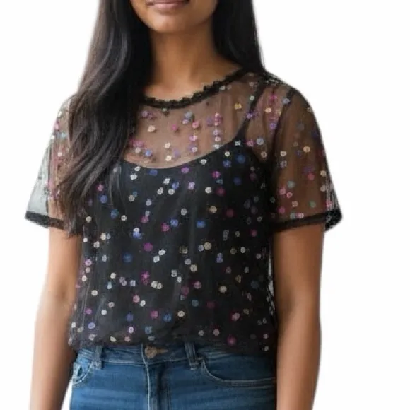SheIn Black Mesh Boxy Sequin Top Sheer Evening Size 0XL - Image 8