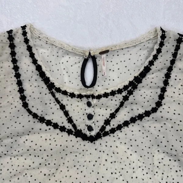Free People Polka Dot Blouse Sheer Long Sleeve Top Black Trim‎ M READ - Image 5