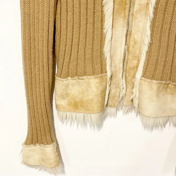 Vintage Y2K Women’s Size Medium Faux Fur Tan Brown Ribbed Knit Full‎ Zip Jacket - Image 3