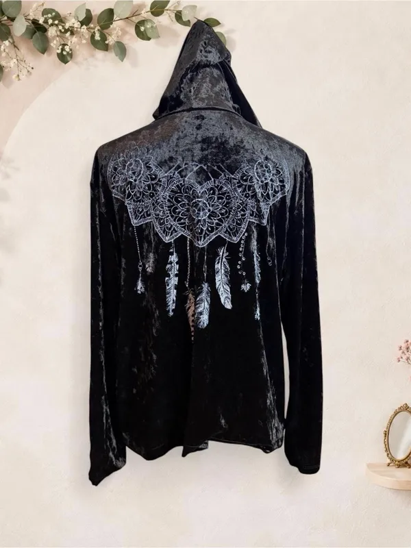 Big Bang USA Black Crushed Velvet Embroidered Zip Hoodie Large Y2K - Image 7
