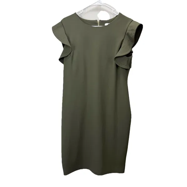 Calvin‎ Klein Army Green Ruffle Stretch Crepe Sheath Dress Size 14 - Image 3