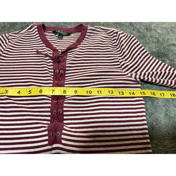 LAUREN Ralph Lauren Lace-Up Corset Henley Red & White Striped Long Sleeve M - Image 3