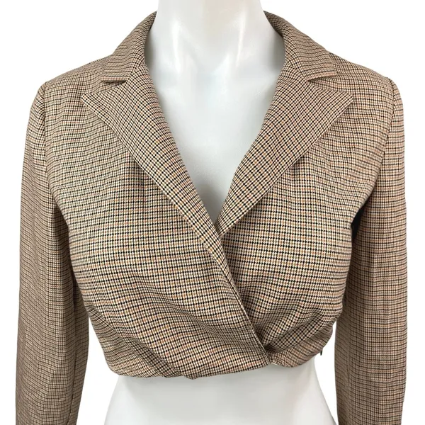 Zara Beige Houndstooth Collared Notch Lapel Long Sleeve Blazer Crop Top Size XS - Image 3