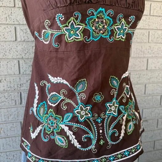 Heart soul Y2K Halter Top Tank Top Brown Blue Embroidered Size XL - Image 5