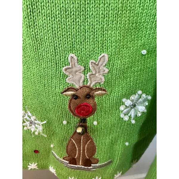Quacker Factory Green Light Up Santa Reindeer Ugly Christmas Sweater Womens M - Image 3