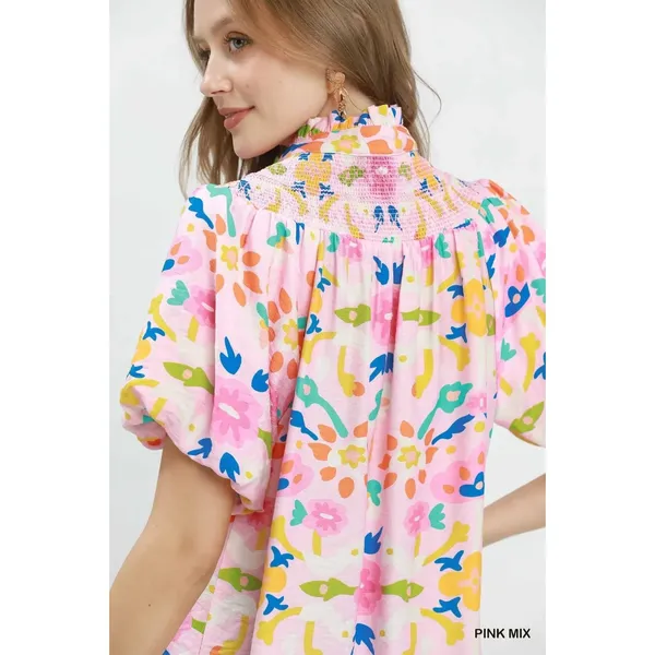 Umgee Folk Art Print Top with Smocked Detail - Medium - Image 3