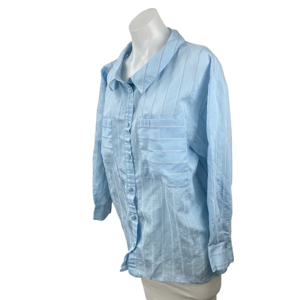 Zara Women's Blue Striped Collared Long Sleeve Button Down Shirt Blouse Top Sz M - Image 3