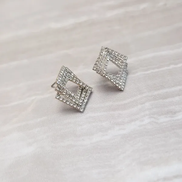 Vintage Stud Earrings Geometric Clear Gem Silver Tone - Fair Condition - Image 3
