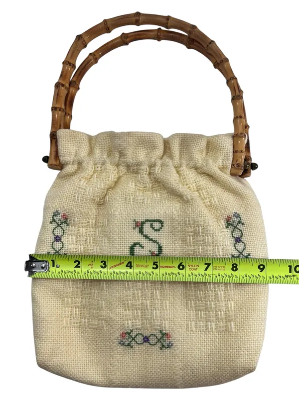 Vintage Monogram “S” Embroidered Cross Stitch Bamboo Handle Cottagecore Bag - Image 11