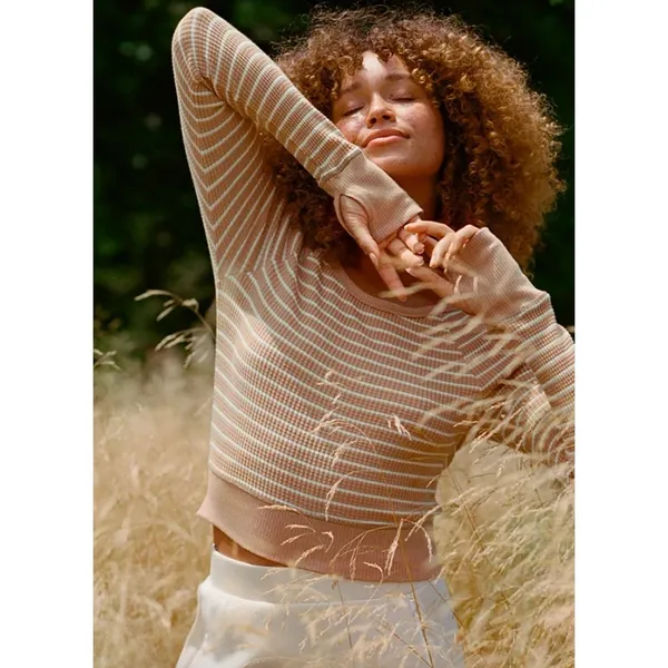 Offline by Aerie Striped Waffle Cropped Tee Long Sleeve Casual Minimalist Small - Image 2