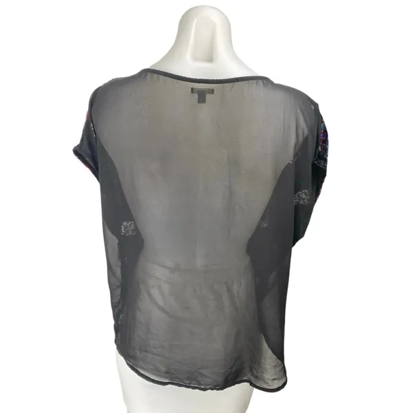 Ecote Multicolor Velvet Velour Paisley Short Sleeve Sheer Mesh Blouse Top Size M - Image 2
