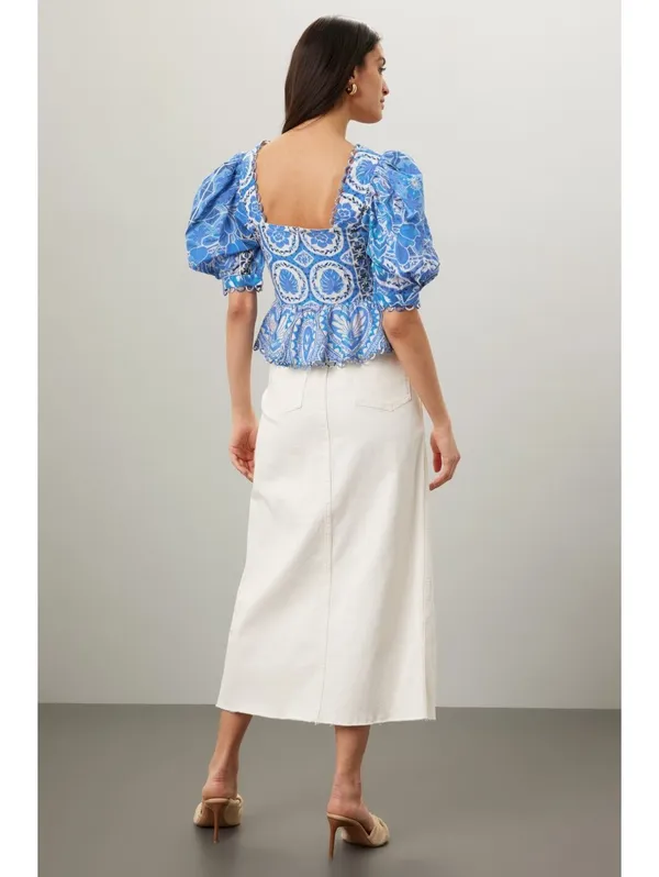 FARM Rio Blue Motif Puff Sleeve Peplum Top XL NWT - Image 3
