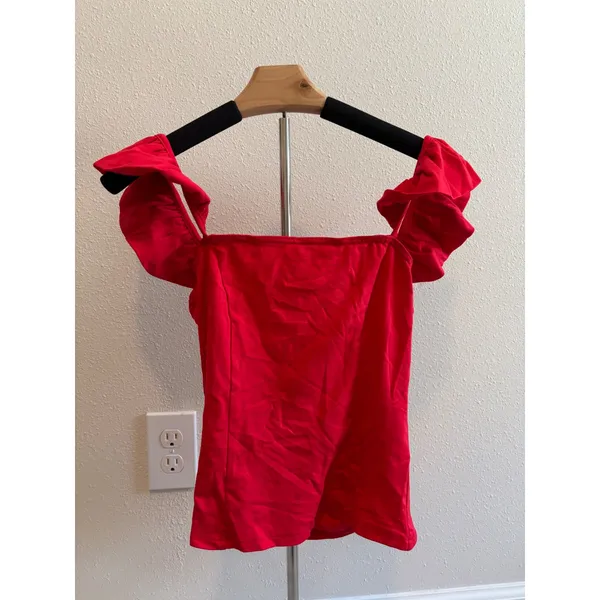 Lulus Ruffle Strap Top‎ Womens Medium Red Square Neck Romantic Off Shoulder - Image 2