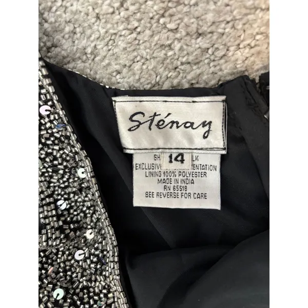 NWT Vintage Stenay Beaded Maxi Dress 14 Black Silver Sequin Silk Evening Gown - Image 6